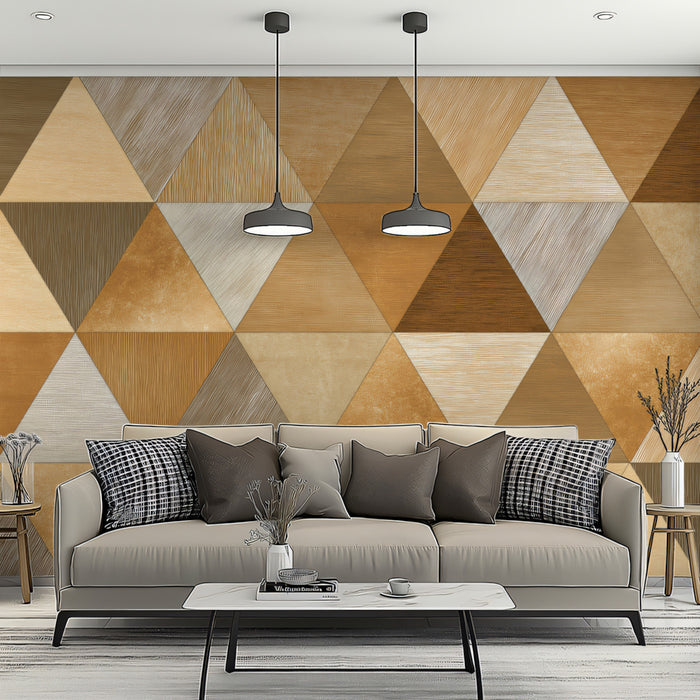 Geometric Triangle Wood Mosaic Mural Wallpaper | Repeating Print, Earth Tones, Abstract Patchwork Texture