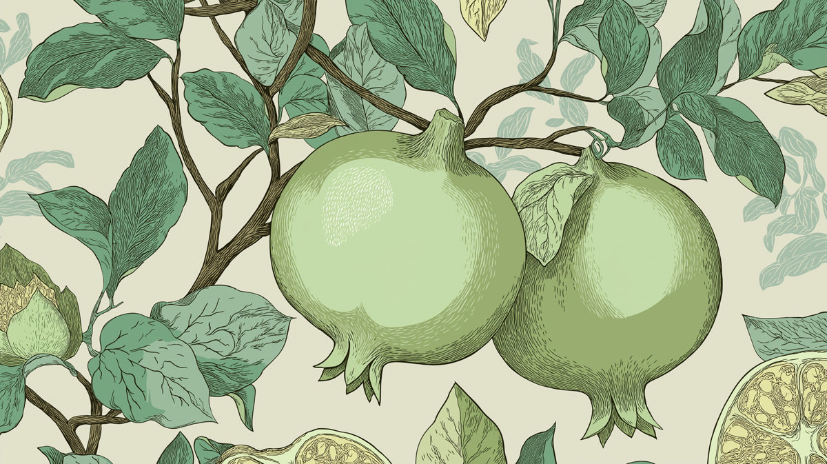 Green Pomegranate Botanical Mural Wallpaper | Vintage Linework, Light Sage Hues, Detailed Natural Motif