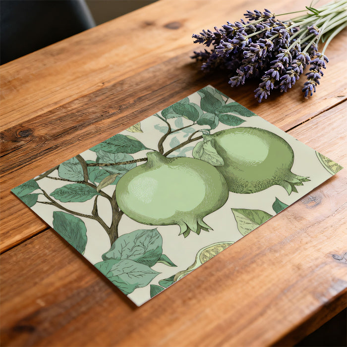 Green Pomegranate Botanical Mural Wallpaper | Vintage Linework, Light Sage Hues, Detailed Natural Motif