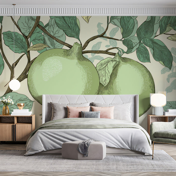 Green Pomegranate Botanical Mural Wallpaper | Vintage Linework, Light Sage Hues, Detailed Natural Motif