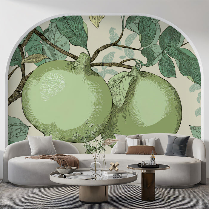 Green Pomegranate Botanical Mural Wallpaper | Vintage Linework, Light Sage Hues, Detailed Natural Motif