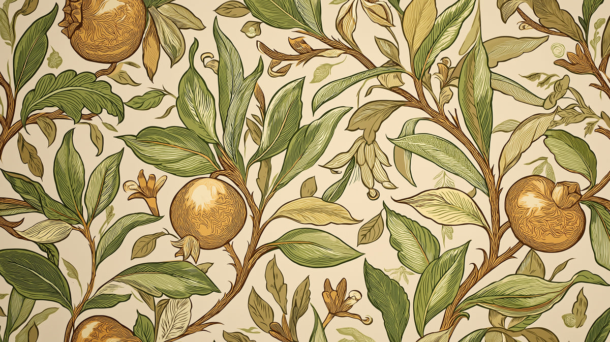 Vintage Pomegranate Etching Mural Wallpaper | Rich Green and Gold Tones, Classic Botanical Motif, Organic Texture