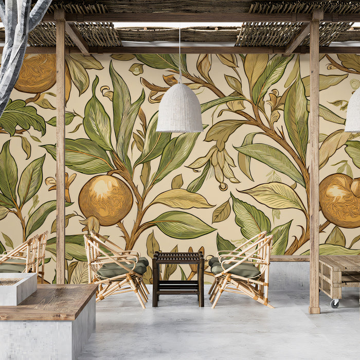 Vintage Pomegranate Etching Mural Wallpaper | Rich Green and Gold Tones, Classic Botanical Motif, Organic Texture