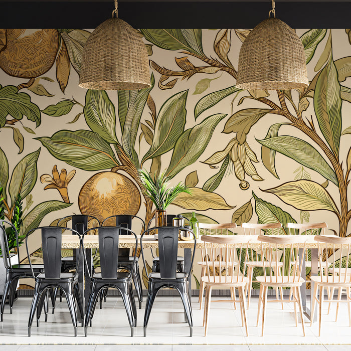 Vintage Pomegranate Etching Mural Wallpaper | Rich Green and Gold Tones, Classic Botanical Motif, Organic Texture