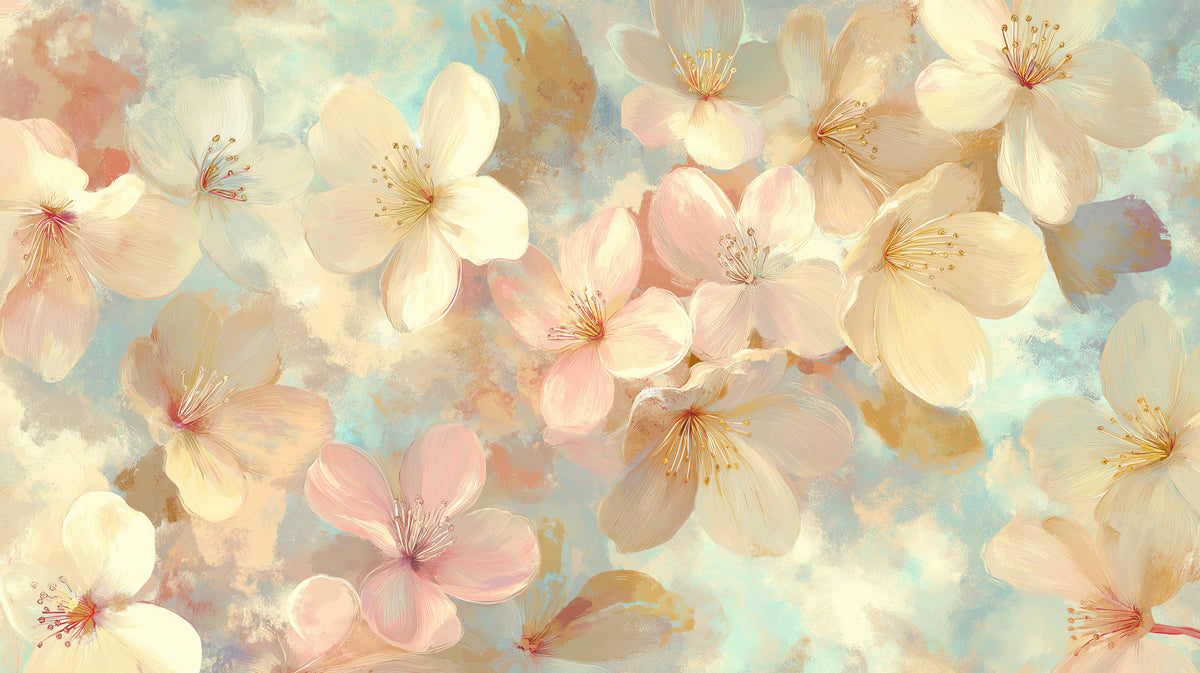 Soft Watercolor Floral Cloud Mural Wallpaper | Repeating Print, Pastel Pink and Yellow, Gentle Spring Bloom