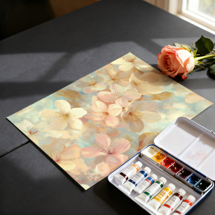 Soft Watercolor Floral Cloud Mural Wallpaper | Repeating Print, Pastel Pink and Yellow, Gentle Spring Bloom