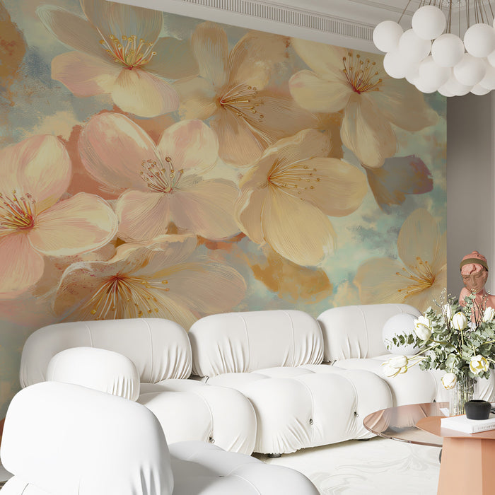 Soft Watercolor Floral Cloud Mural Wallpaper | Repeating Print, Pastel Pink and Yellow, Gentle Spring Bloom