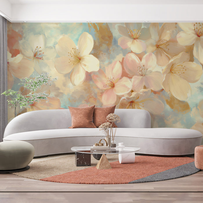 Soft Watercolor Floral Cloud Mural Wallpaper | Repeating Print, Pastel Pink and Yellow, Gentle Spring Bloom
