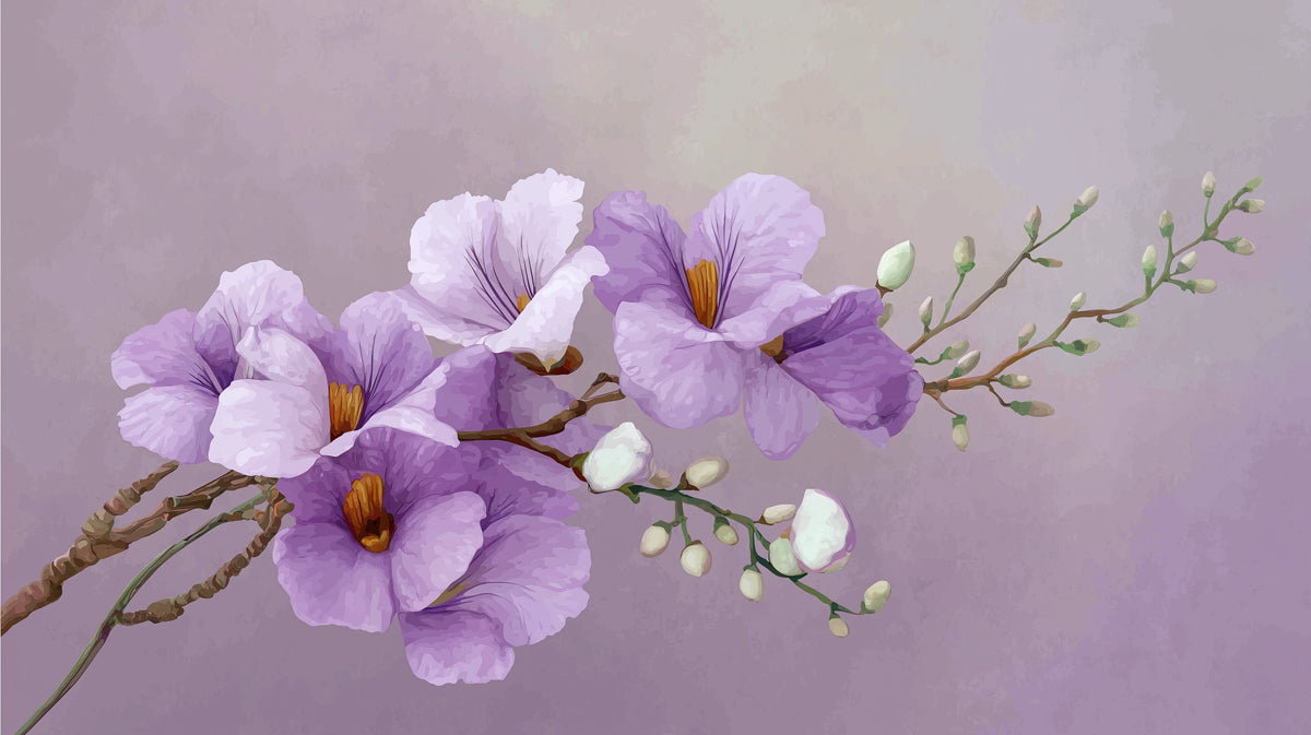Purple Floral Branch Watercolor Botanical Still Life Mural Wallpaper | Soft Lavender Calming Texture