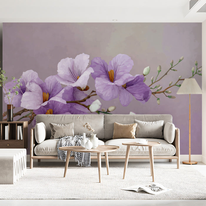 Purple Floral Branch Watercolor Botanical Still Life Mural Wallpaper | Soft Lavender Calming Texture