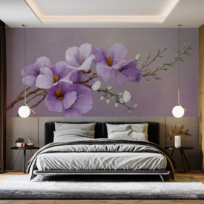 Purple Floral Branch Watercolor Botanical Still Life Mural Wallpaper | Soft Lavender Calming Texture