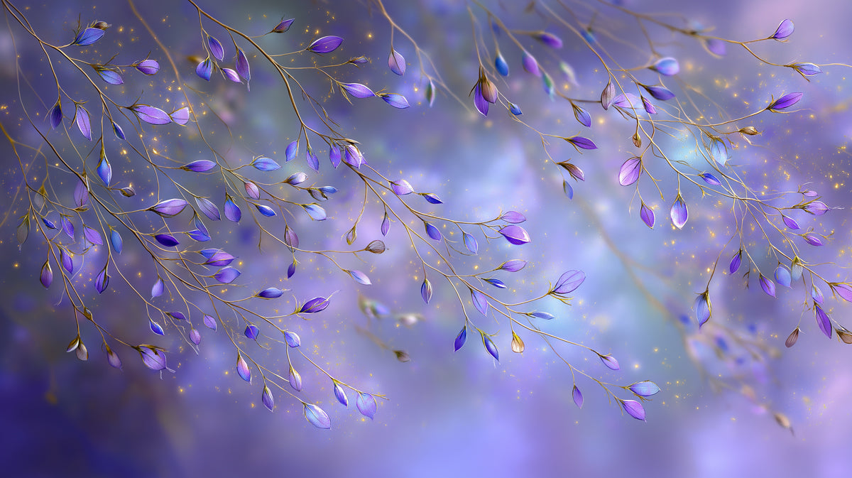 Ethereal Violet Flower Vines Magical Atmosphere Mural Wallpaper | Glowing Petals, Purple and Gold Accents