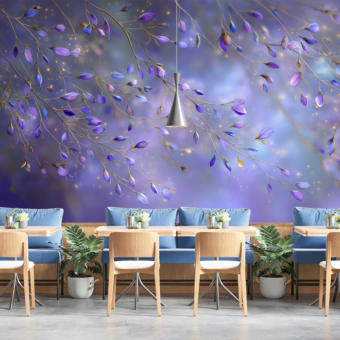 Ethereal Violet Flower Vines Magical Atmosphere Mural Wallpaper | Glowing Petals, Purple and Gold Accents
