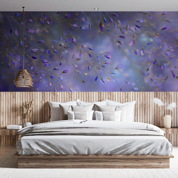 Ethereal Violet Flower Vines Magical Atmosphere Mural Wallpaper | Glowing Petals, Purple and Gold Accents