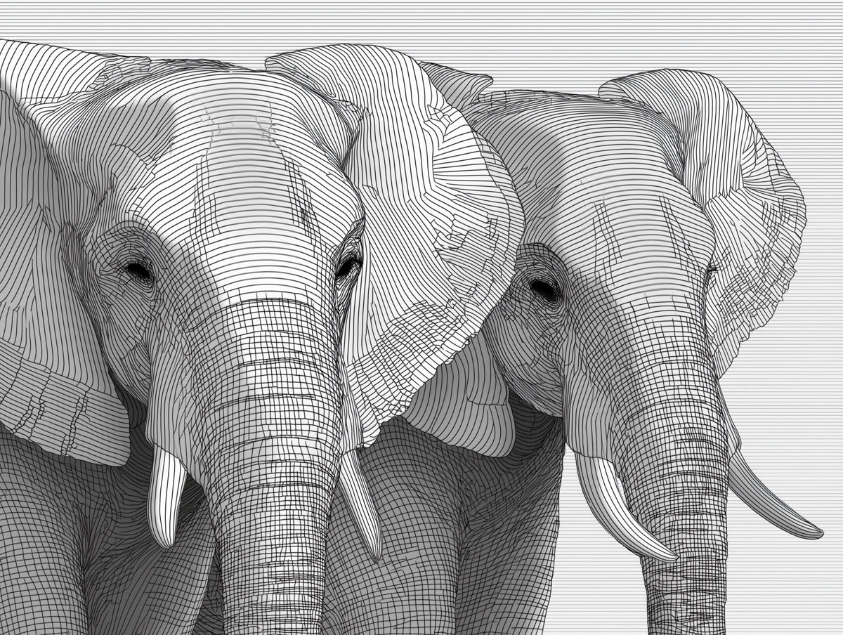 Line Art Elephant Portrait Monochromatic Wildlife Mural Wallpaper | Black White Etching, Intricate Linework
