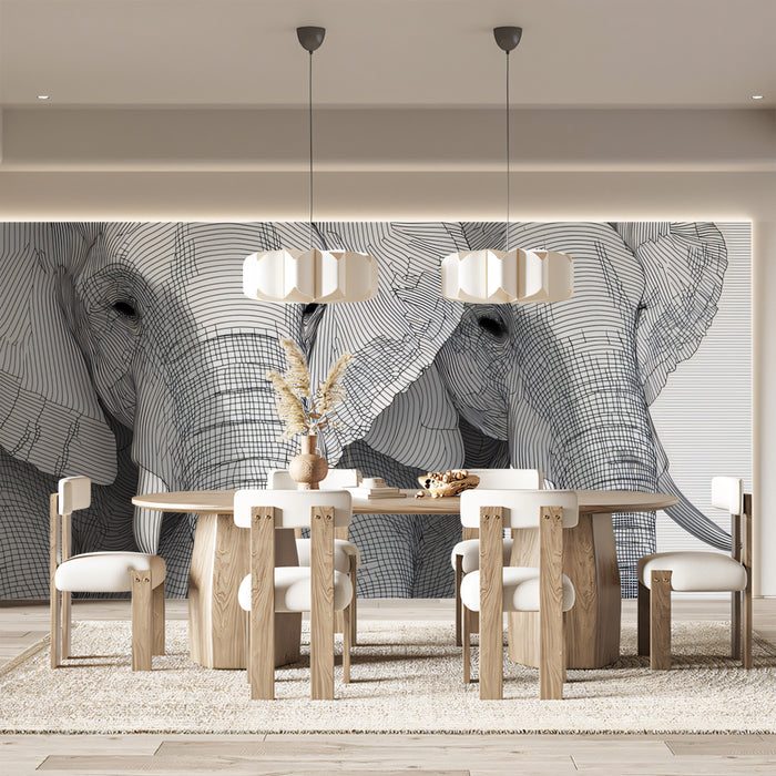 Line Art Elephant Portrait Monochromatic Wildlife Mural Wallpaper | Black White Etching, Intricate Linework