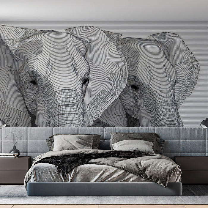 Line Art Elephant Portrait Monochromatic Wildlife Mural Wallpaper | Black White Etching, Intricate Linework