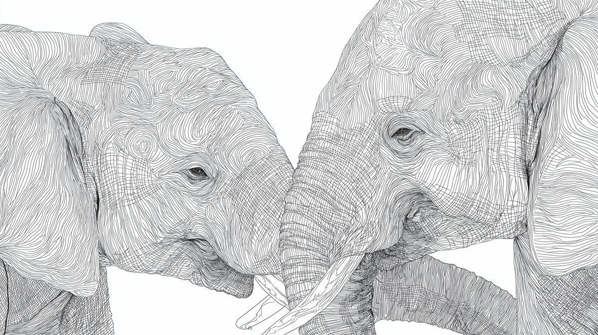 Line Art Touching Elephants Black White Sketch Mural Wallpaper | Intimate Portrait, Linear Texture