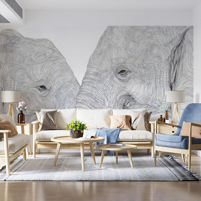 Line Art Touching Elephants Black White Sketch Mural Wallpaper | Intimate Portrait, Linear Texture