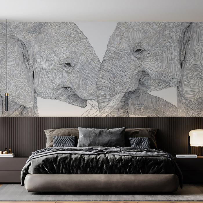 Line Art Touching Elephants Black White Sketch Mural Wallpaper | Intimate Portrait, Linear Texture