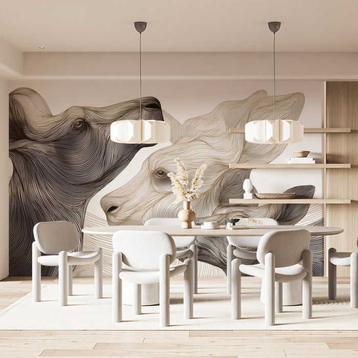 Abstract Line Art Deer Portrait Monochrome Wildlife Mural Wallpaper | Subtle Sepia Tones, Fluid Linework