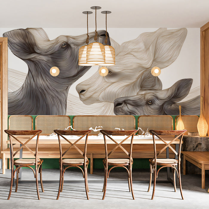 Abstract Line Art Deer Portrait Monochrome Wildlife Mural Wallpaper | Subtle Sepia Tones, Fluid Linework