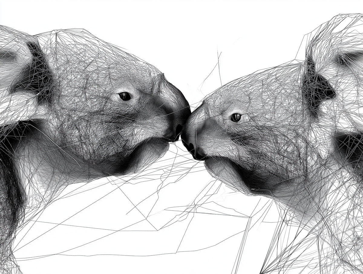 Koala Geometric Sketch Wireframe Line Art Mural Wallpaper | High Contrast, Black and White Monochromatic