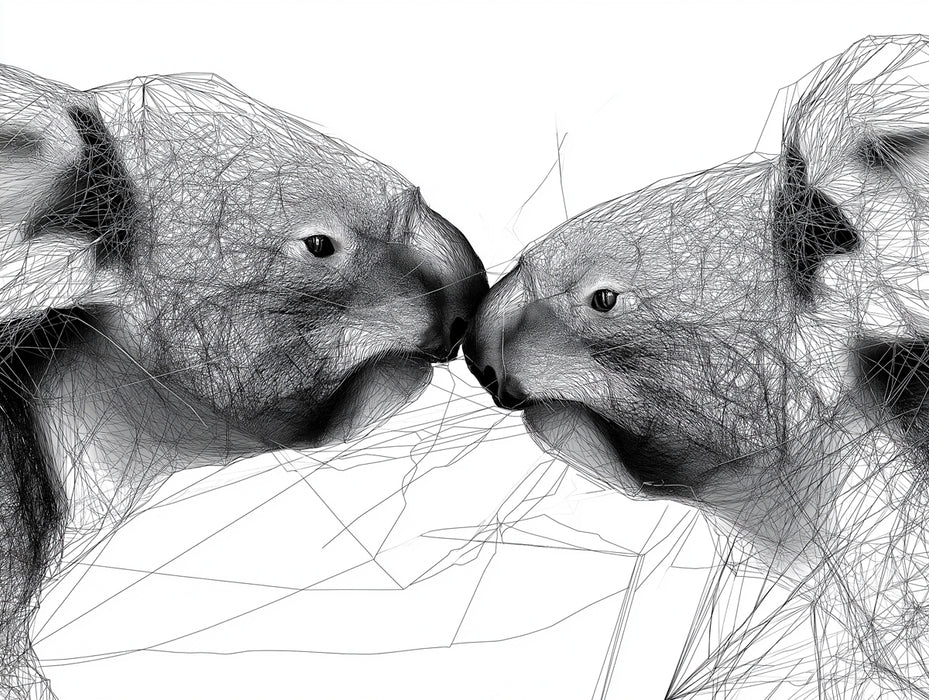 Koala Geometric Sketch Wireframe Line Art Mural Wallpaper | High Contrast, Black and White Monochromatic