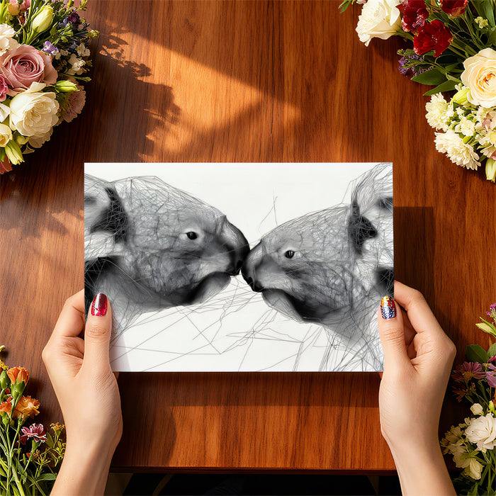 Koala Geometric Sketch Wireframe Line Art Mural Wallpaper | High Contrast, Black and White Monochromatic