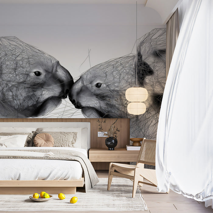 Koala Geometric Sketch Wireframe Line Art Mural Wallpaper | High Contrast, Black and White Monochromatic