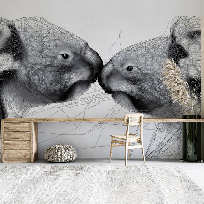 Koala Geometric Sketch Wireframe Line Art Mural Wallpaper | High Contrast, Black and White Monochromatic
