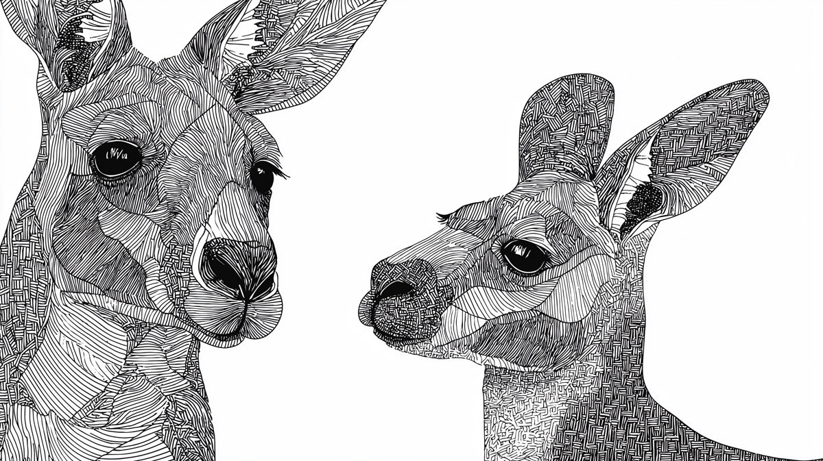 Kangaroo Abstract Line Art Geometric Linework Mural Wallpaper | High-Contrast Black White, Tribal Motif