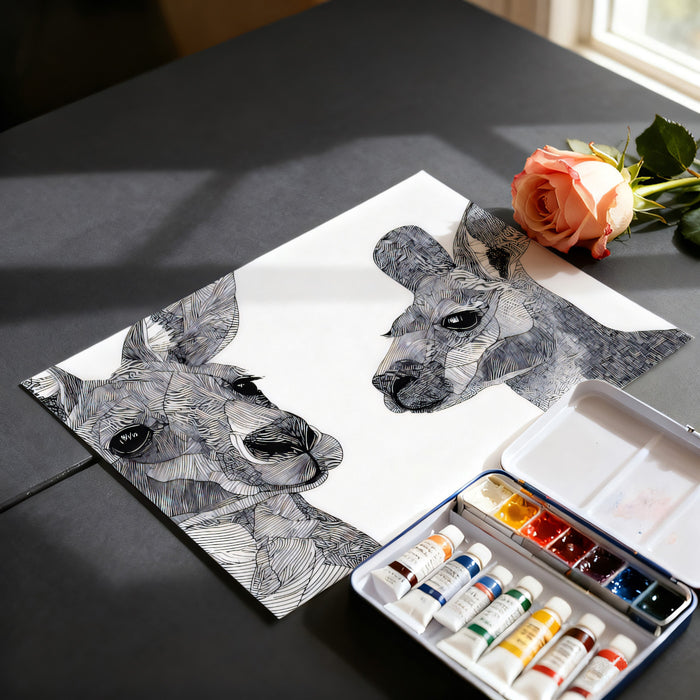 Kangaroo Abstract Line Art Geometric Linework Mural Wallpaper | High-Contrast Black White, Tribal Motif