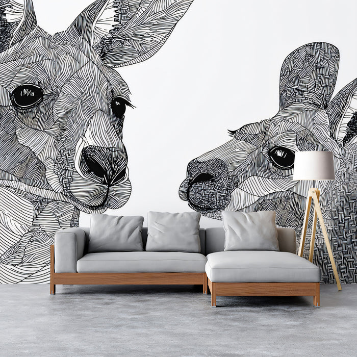 Kangaroo Abstract Line Art Geometric Linework Mural Wallpaper | High-Contrast Black White, Tribal Motif