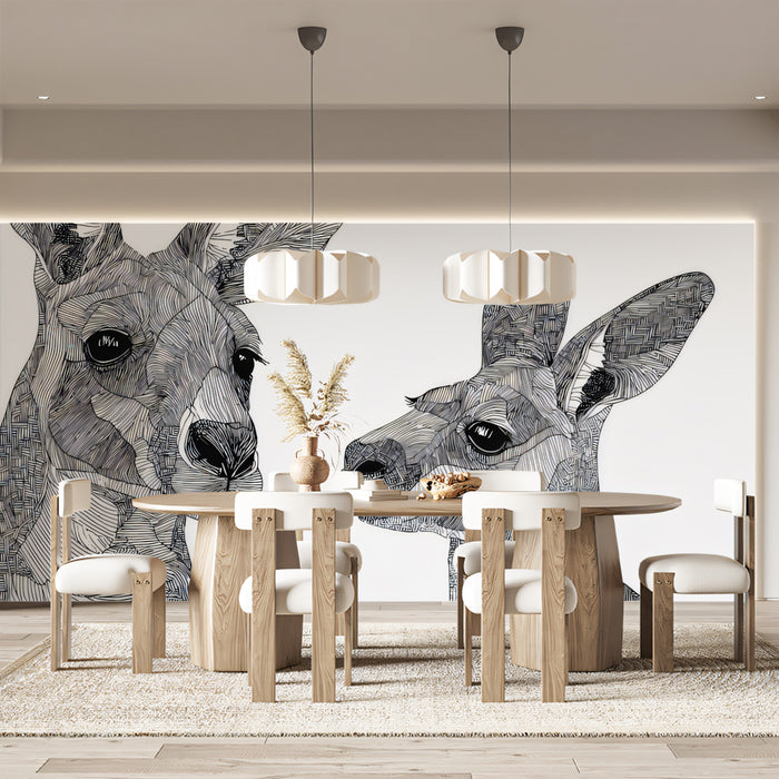 Kangaroo Abstract Line Art Geometric Linework Mural Wallpaper | High-Contrast Black White, Tribal Motif