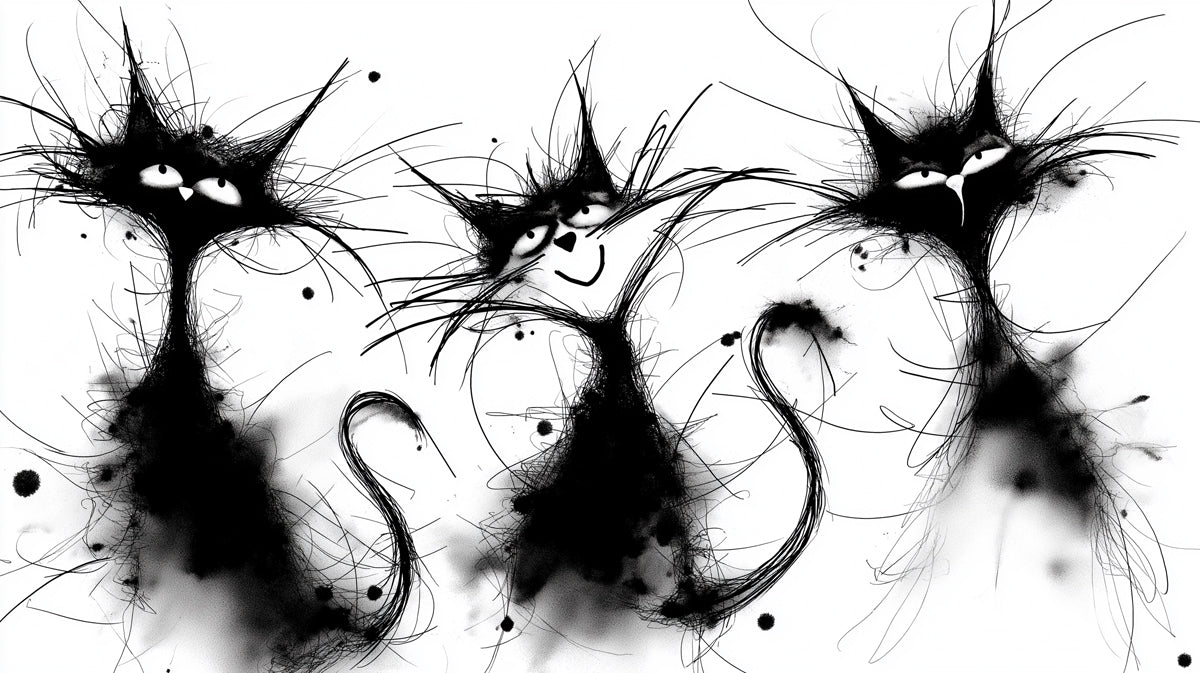 Chaotic Ink Splatter Cats Abstract Grunge Sketch Mural Wallpaper | Black White, Whimsical Felines