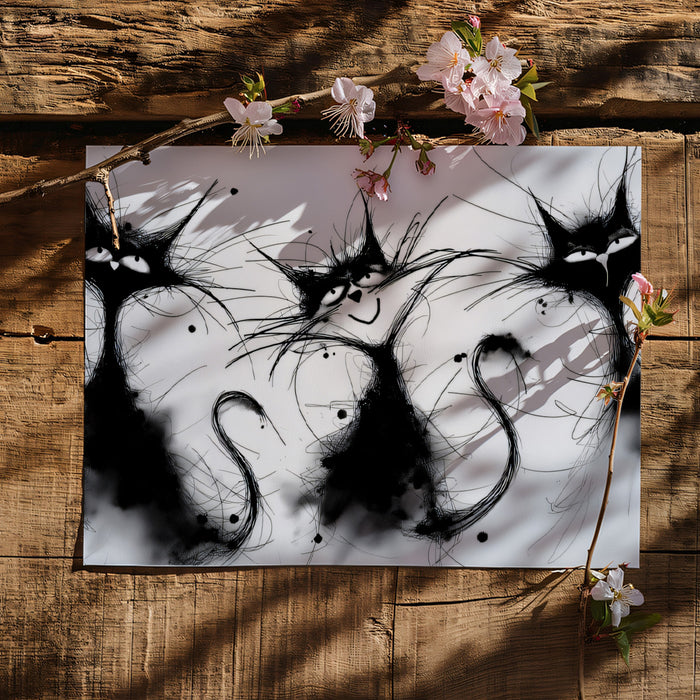Chaotic Ink Splatter Cats Abstract Grunge Sketch Mural Wallpaper | Black White, Whimsical Felines