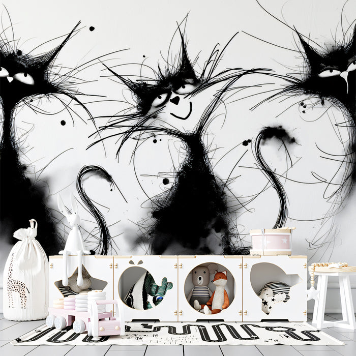 Chaotic Ink Splatter Cats Abstract Grunge Sketch Mural Wallpaper | Black White, Whimsical Felines