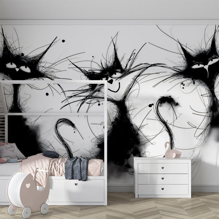 Chaotic Ink Splatter Cats Abstract Grunge Sketch Mural Wallpaper | Black White, Whimsical Felines