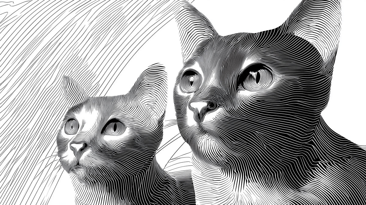 Cat Duo Line Art High Contrast Engraving Style Mural Wallpaper | Monochrome Feline Portrait