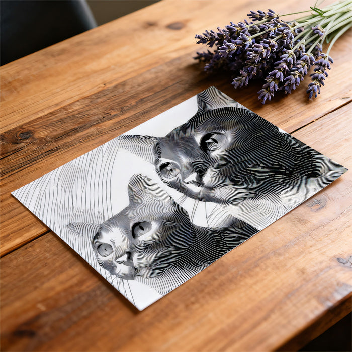 Cat Duo Line Art High Contrast Engraving Style Mural Wallpaper | Monochrome Feline Portrait
