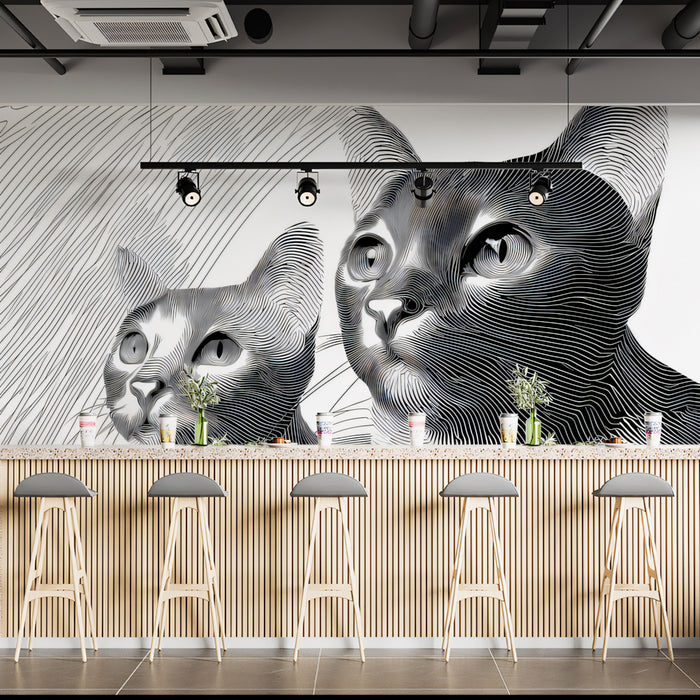 Cat Duo Line Art High Contrast Engraving Style Mural Wallpaper | Monochrome Feline Portrait