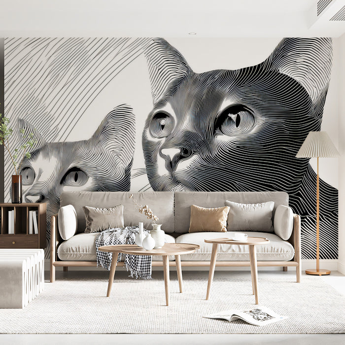 Cat Duo Line Art High Contrast Engraving Style Mural Wallpaper | Monochrome Feline Portrait