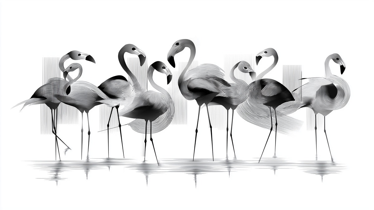 Abstract Flamingo Flock Monochromatic Linework Mural Wallpaper | Water Reflection, Dynamic Bird Art