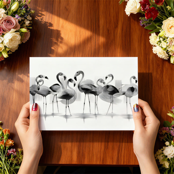 Abstract Flamingo Flock Monochromatic Linework Mural Wallpaper | Water Reflection, Dynamic Bird Art