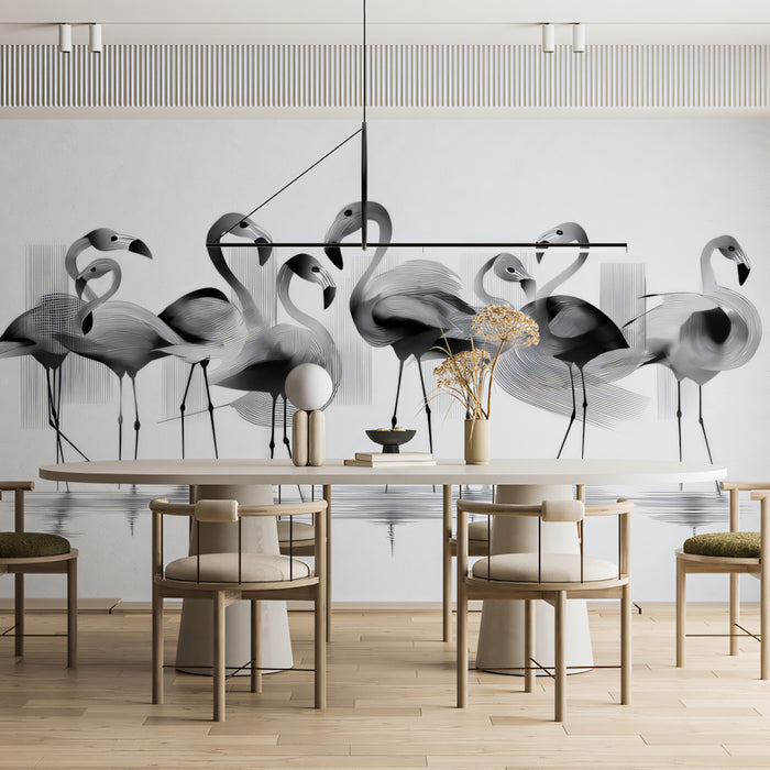 Abstract Flamingo Flock Monochromatic Linework Mural Wallpaper | Water Reflection, Dynamic Bird Art
