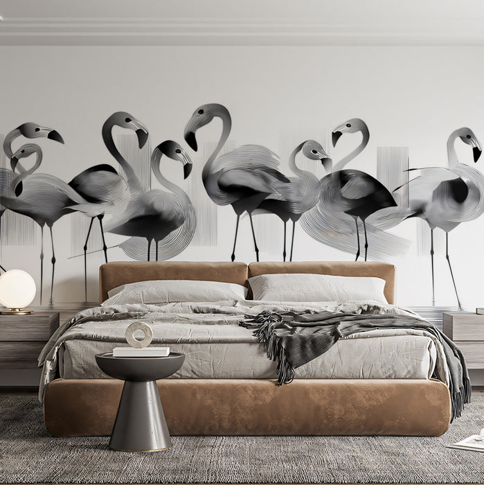 Abstract Flamingo Flock Monochromatic Linework Mural Wallpaper | Water Reflection, Dynamic Bird Art