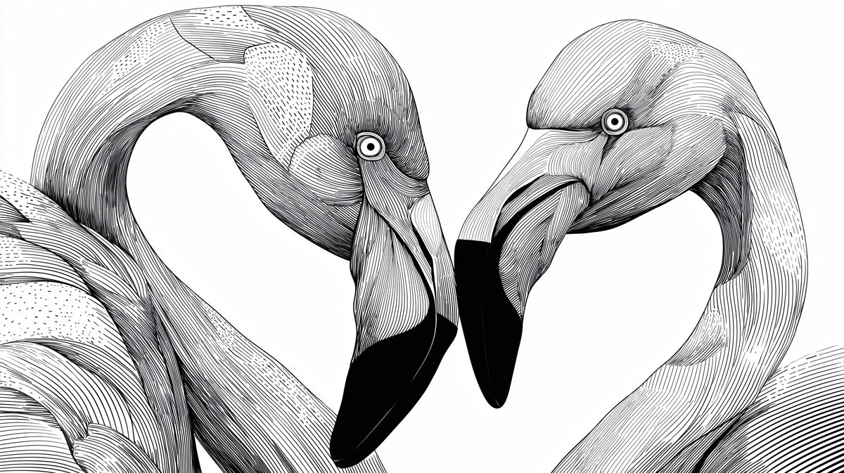 Flamingo Heart Silhouette Intimate Line Art Mural Wallpaper | High Contrast, Black White Romance