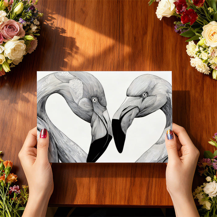 Flamingo Heart Silhouette Intimate Line Art Mural Wallpaper | High Contrast, Black White Romance
