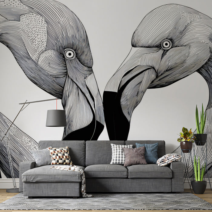 Flamingo Heart Silhouette Intimate Line Art Mural Wallpaper | High Contrast, Black White Romance
